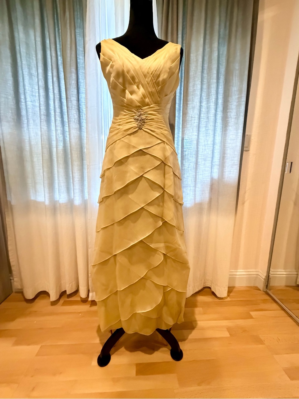 Jade by Jasmine Vanilla Layered Chiffon V‑Neck mother of the bride formal gown